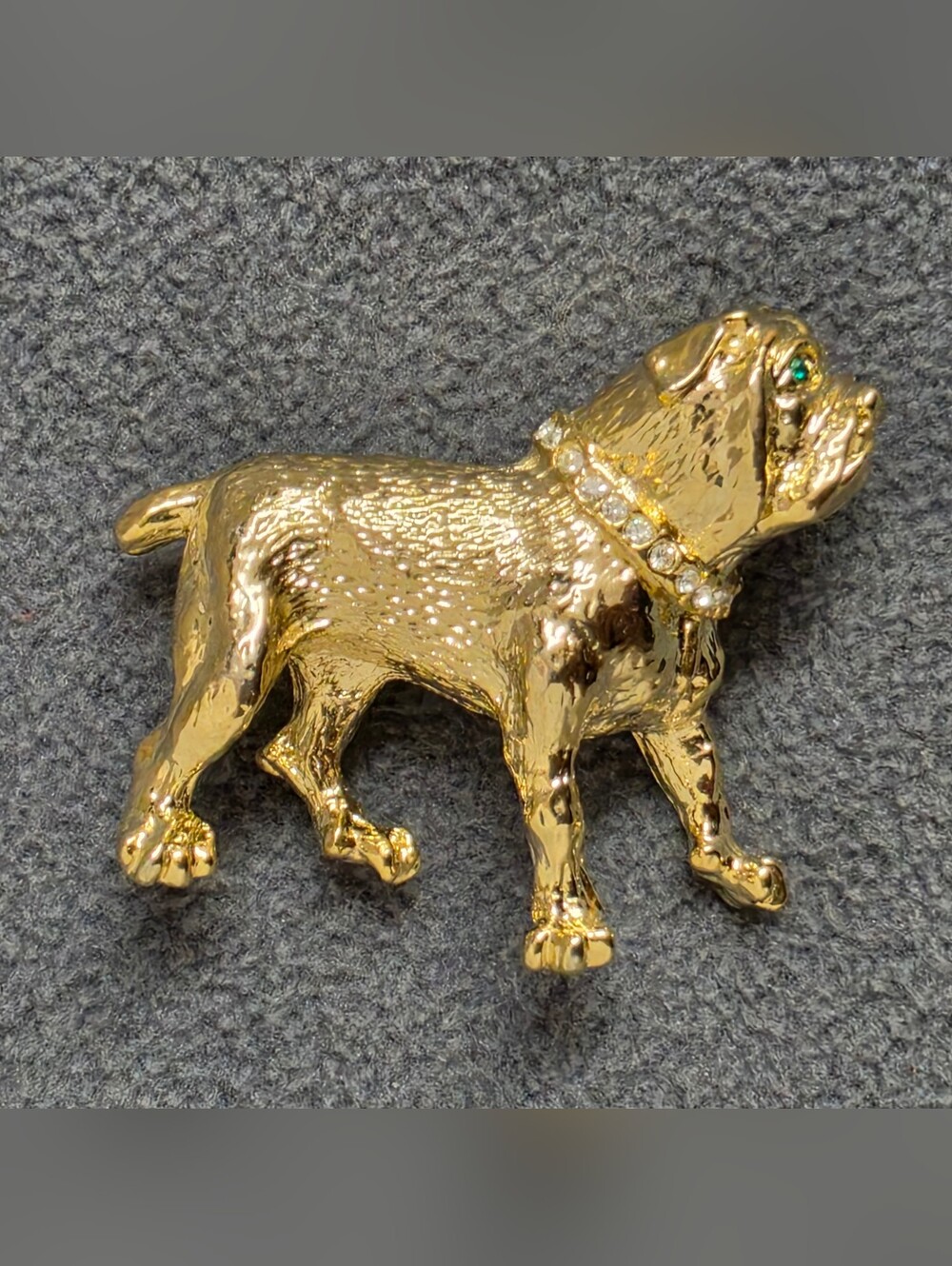 Gold Tone English Bulldog Brooch Green Rhinestone Eye Crystal Collar New